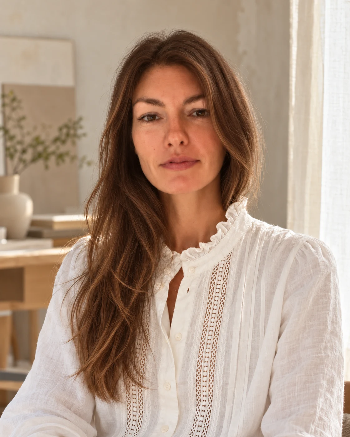 AI-created portrait of Anastacia Barleva in a white linen blouse