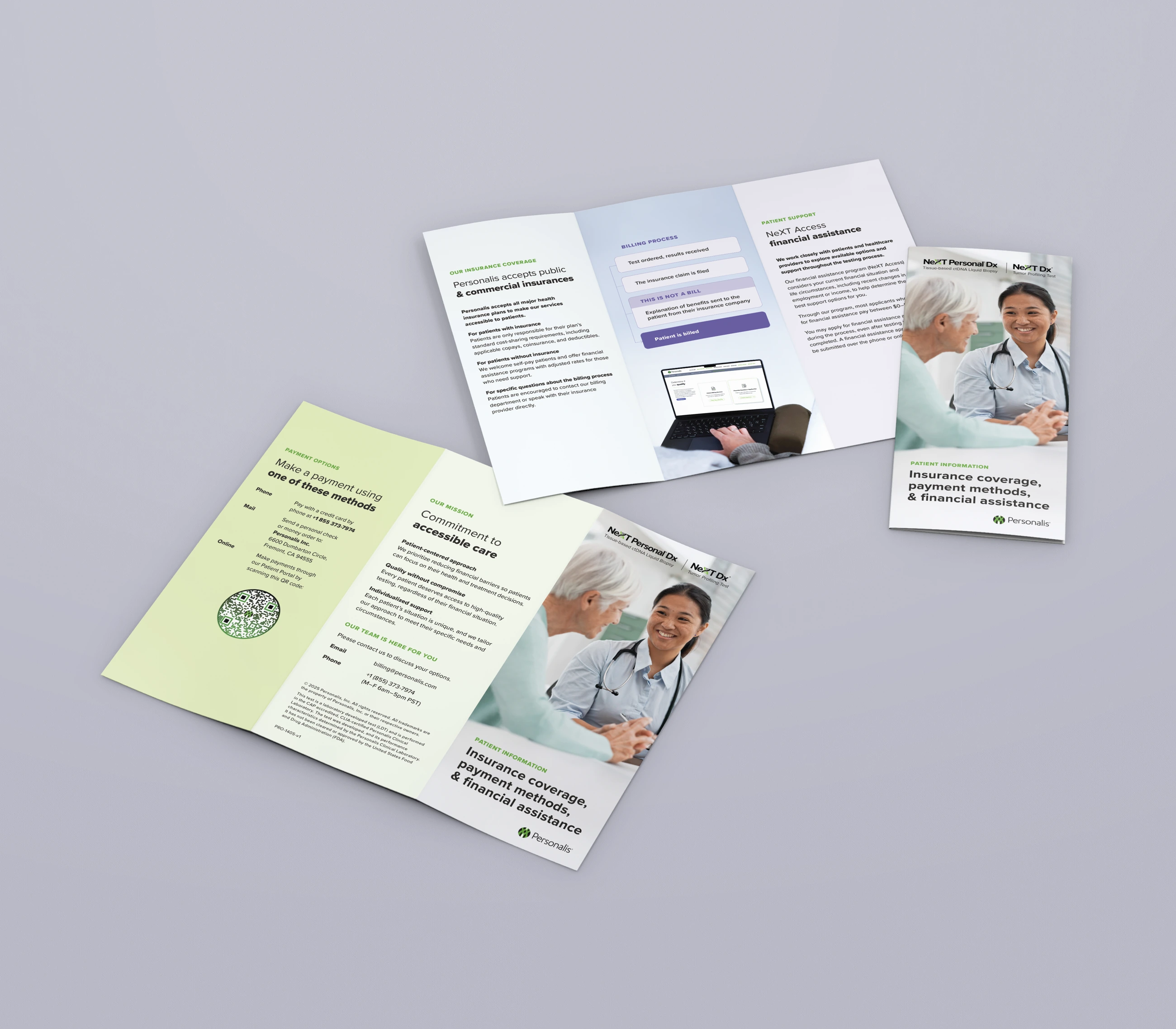 Personalis patient and clinical brochures in the refined green and violet visual system