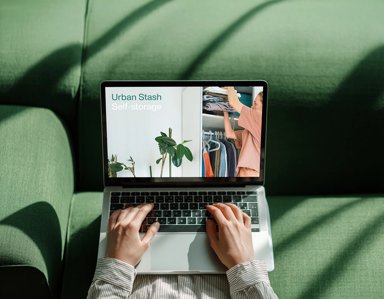 Urban Stash pitch deck displayed on a laptop against a green interior